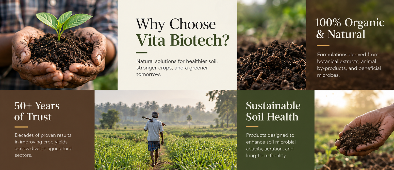 Why Choose Vita Biotech - Organic Agriculture Solutions, 100% Organic & Natural, 50+ Years of Trust, Sustainable Soil Health